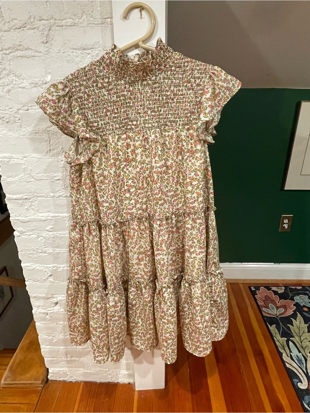 Smocked Floral Tiered Womens Dress - Pink & Cream